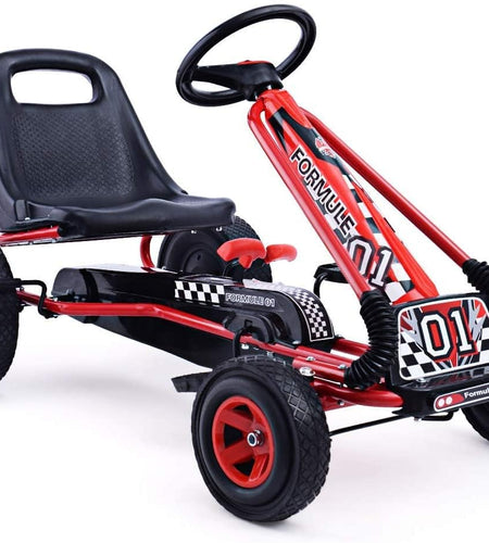 Go Kart for Kids, 4 Wheel Quad Off-Road Pedal on Foot Go Cart W/Steering Wheels & Adjustable Seat, 2 Safety Brakes, EVA Tires, Clutch, Outdoor Racer Ride on Pedal Car (Red)