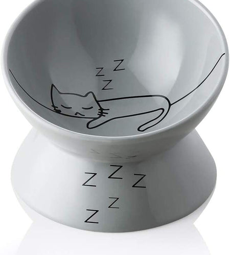 Raised Cat Bowl for Dry Wet Cat Food, Ceramic Elevated Pet Bowl Cat Dish, Protect Cat'S Spine, Stress Free, Slanted Design for Cat Easy Eating, 10 Oz, Dishwasher Safe (Grey)